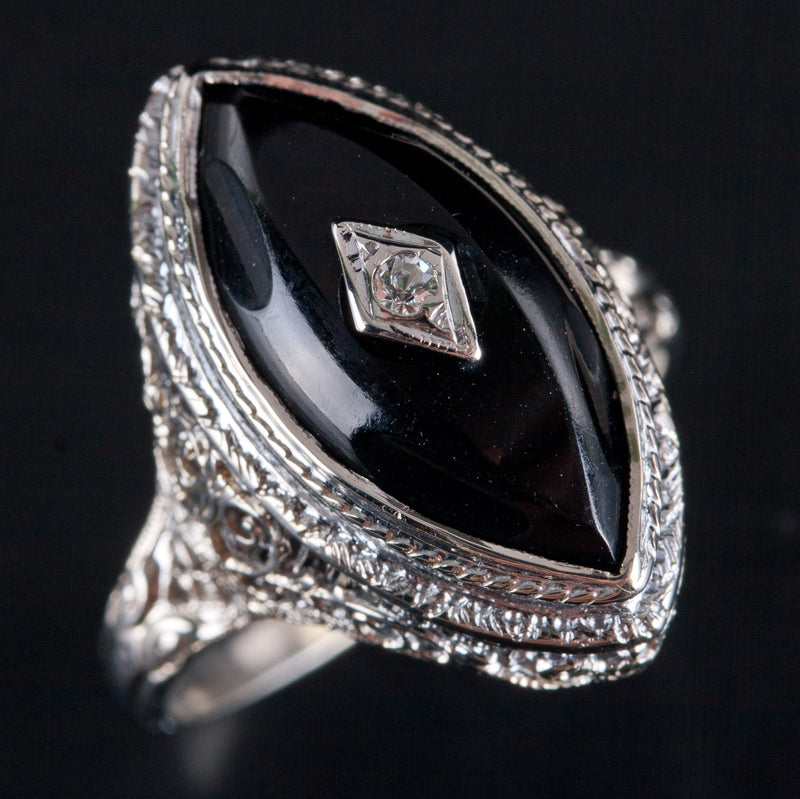 Vintage 1920's 14k White Gold Onyx Diamond Cocktail Style Ring .005ct 4.9g