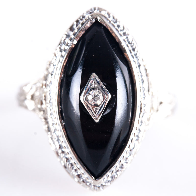 Vintage 1920's 14k White Gold Onyx Diamond Cocktail Style Ring .005ct 4.9g