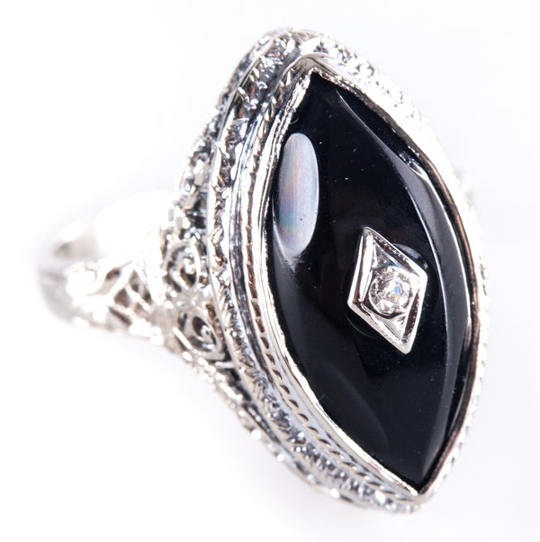 Vintage 1920's 14k White Gold Onyx Diamond Cocktail Style Ring .005ct 4.9g