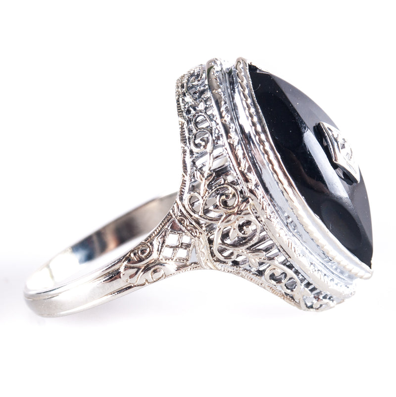 Vintage 1920's 14k White Gold Onyx Diamond Cocktail Style Ring .005ct 4.9g