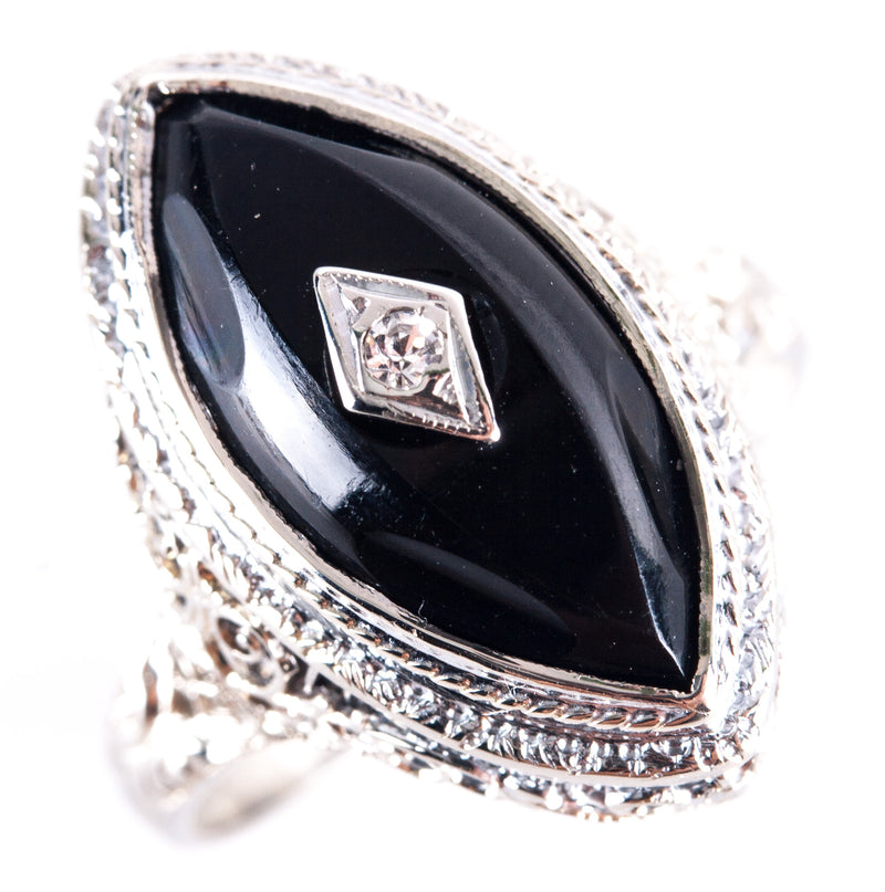 Vintage 1920's 14k White Gold Onyx Diamond Cocktail Style Ring .005ct 4.9g