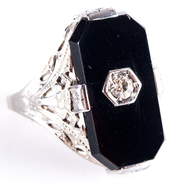 Vintage 1920's 14k White Gold Onyx Diamond Cocktail Style Ring .07ct 3.4g