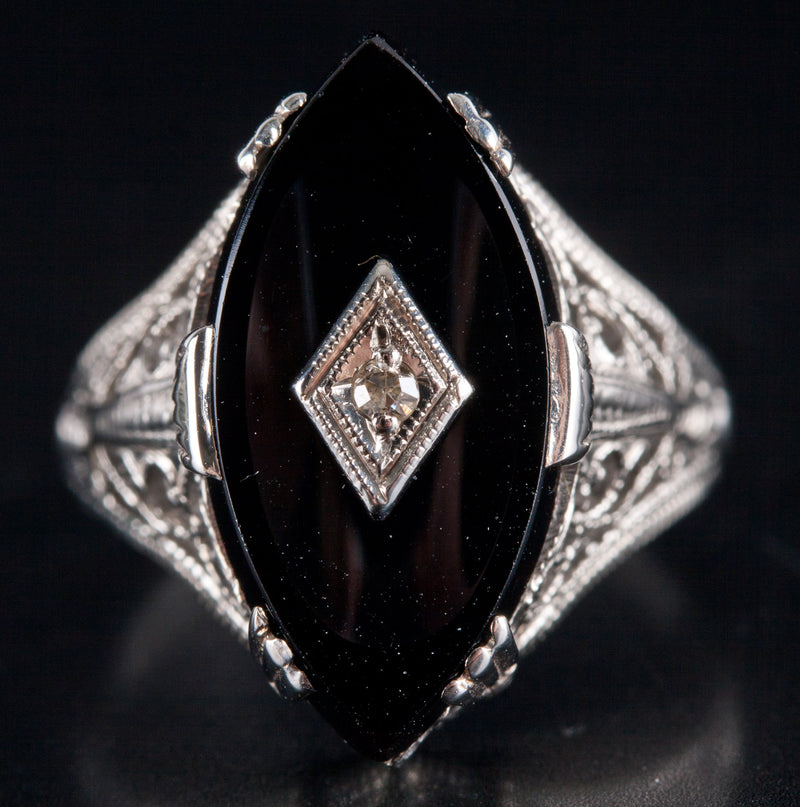 Vintage 1920's 14k White Gold Onyx Diamond Cocktail Style Ring .01ct 2.8g