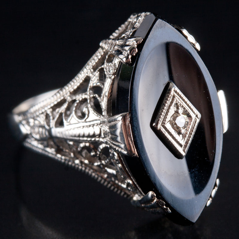 Vintage 1920's 14k White Gold Onyx Diamond Cocktail Style Ring .01ct 2.8g