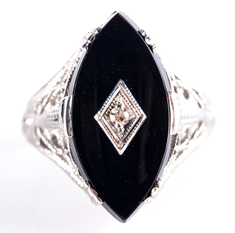 Vintage 1920's 14k White Gold Onyx Diamond Cocktail Style Ring .01ct 2.8g