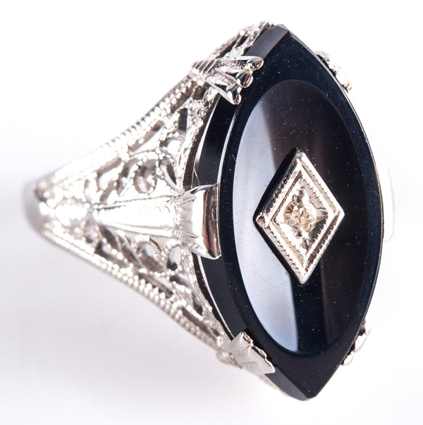 Vintage 1920's 14k White Gold Onyx Diamond Cocktail Style Ring .01ct 2.8g