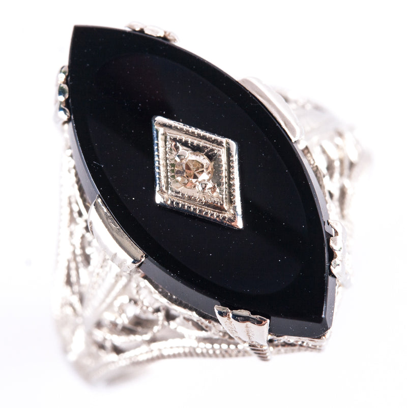 Vintage 1920's 14k White Gold Onyx Diamond Cocktail Style Ring .01ct 2.8g