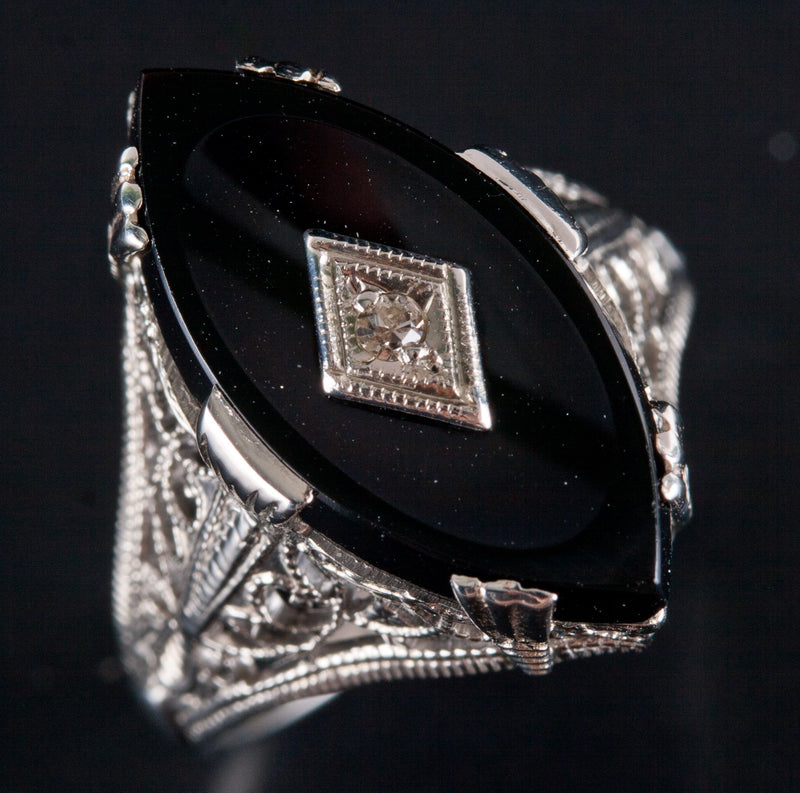 Vintage 1920's 14k White Gold Onyx Diamond Cocktail Style Ring .01ct 2.8g