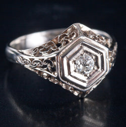 Vintage 1920's 14k White Gold Diamond Solitaire Filigree Engagement Ring .15ct