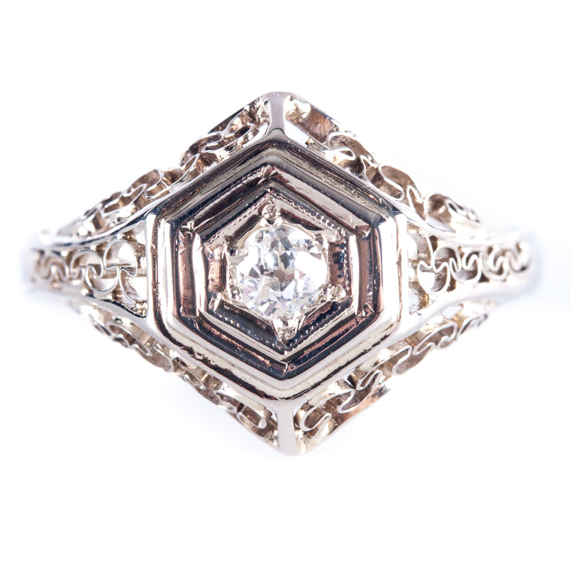 Vintage 1920's 14k White Gold Diamond Solitaire Filigree Engagement Ring .15ct