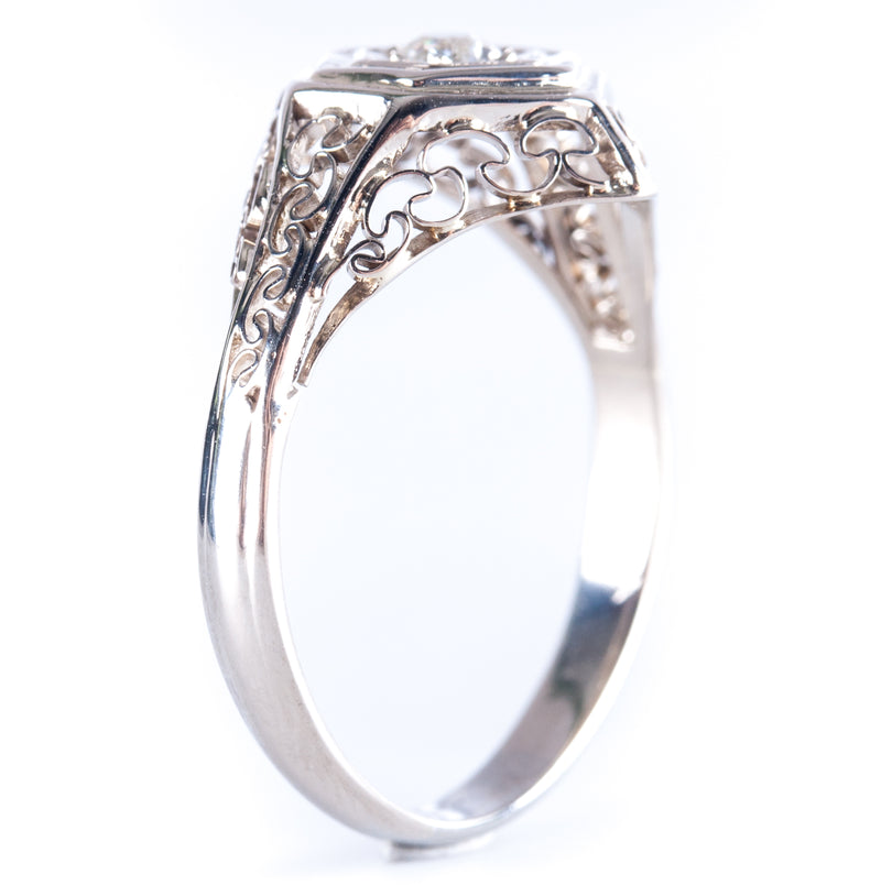 Vintage 1920's 14k White Gold Diamond Solitaire Filigree Engagement Ring .15ct