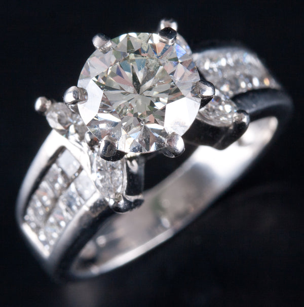 Platinum Round J SI2 Diamond Solitaire Style Engagement Ring W/ Accents 2.86ctw