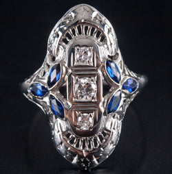 Vintage 1930's 14k White Gold Diamond Lab-Created Sapphire Filigree Ring .68ctw