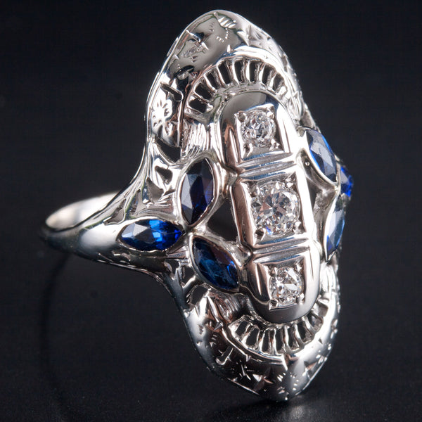 Vintage 1930's 14k White Gold Diamond Lab-Created Sapphire Filigree Ring .68ctw