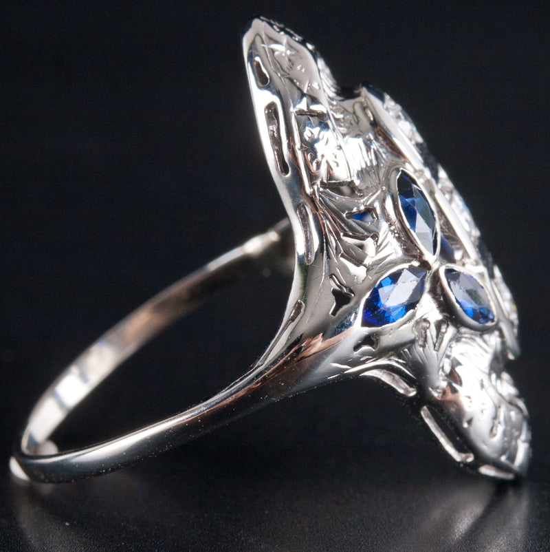 Vintage 1930's 14k White Gold Diamond Lab-Created Sapphire Filigree Ring .68ctw