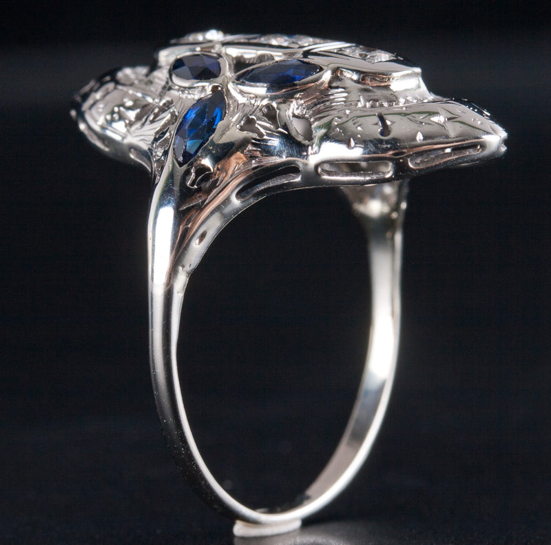 Vintage 1930's 14k White Gold Diamond Lab-Created Sapphire Filigree Ring .68ctw