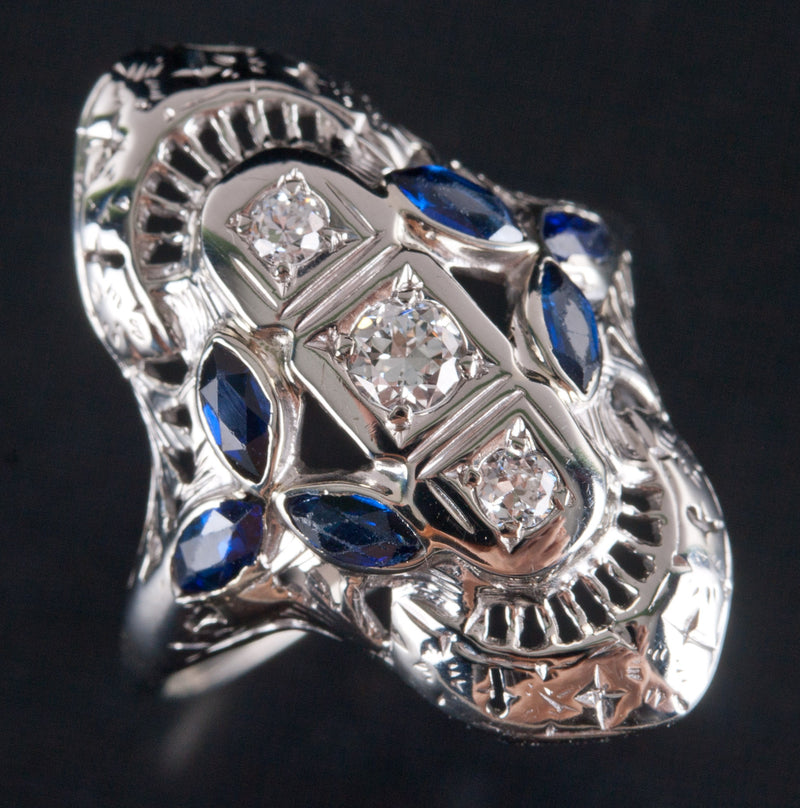 Vintage 1930's 14k White Gold Diamond Lab-Created Sapphire Filigree Ring .68ctw