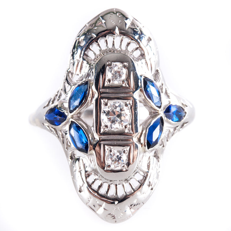 Vintage 1930's 14k White Gold Diamond Lab-Created Sapphire Filigree Ring .68ctw