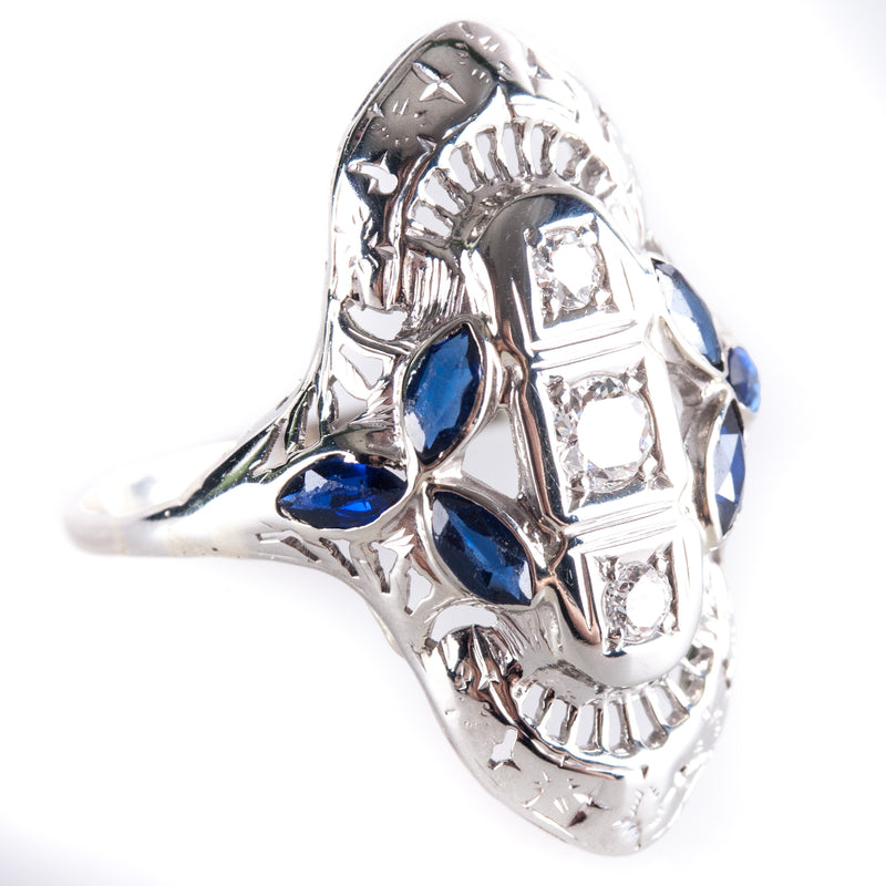 Vintage 1930's 14k White Gold Diamond Lab-Created Sapphire Filigree Ring .68ctw