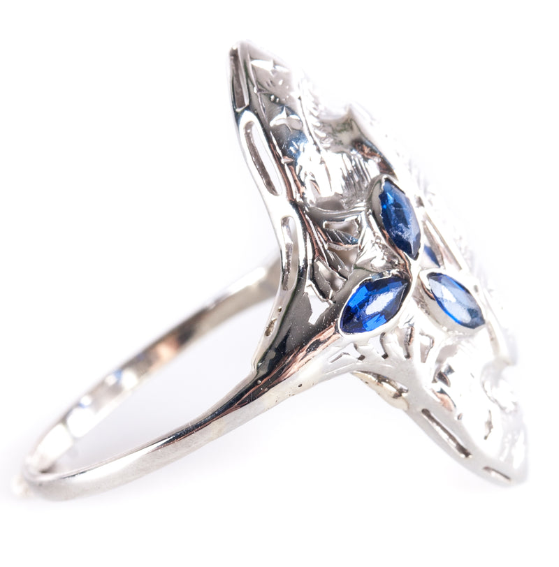 Vintage 1930's 14k White Gold Diamond Lab-Created Sapphire Filigree Ring .68ctw