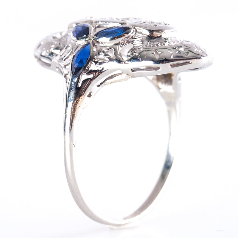 Vintage 1930's 14k White Gold Diamond Lab-Created Sapphire Filigree Ring .68ctw