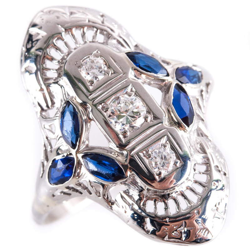 Vintage 1930's 14k White Gold Diamond Lab-Created Sapphire Filigree Ring .68ctw