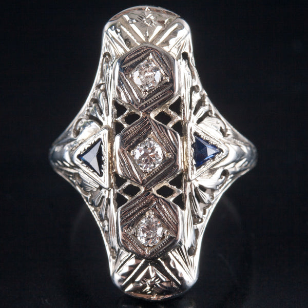 Vintage 1920's 18k White Gold Diamond Lab-Created Sapphire Filigree Ring .19ctw