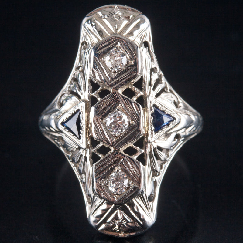 Vintage 1920's 18k White Gold Diamond Lab-Created Sapphire Filigree Ring .19ctw