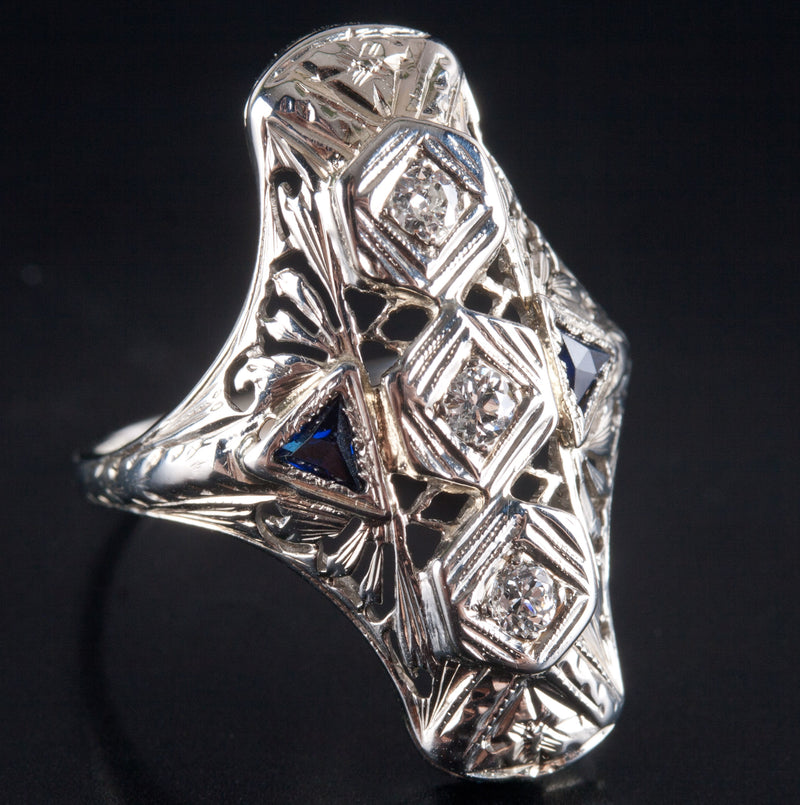 Vintage 1920's 18k White Gold Diamond Lab-Created Sapphire Filigree Ring .19ctw