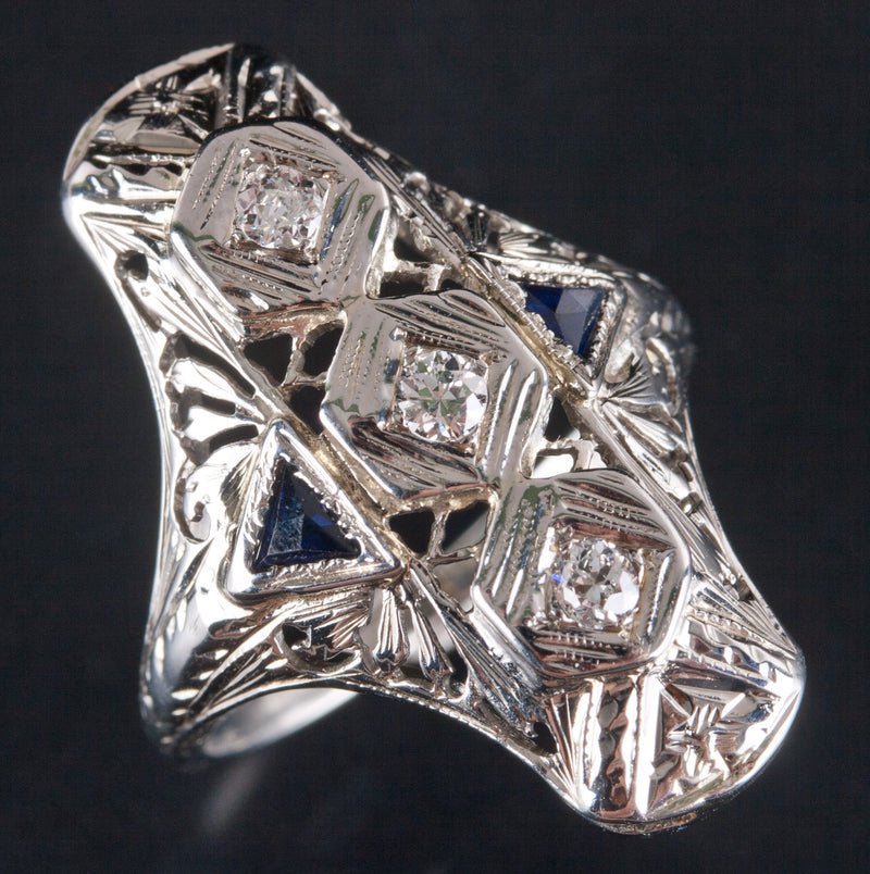 Vintage 1920's 18k White Gold Diamond Lab-Created Sapphire Filigree Ring .19ctw