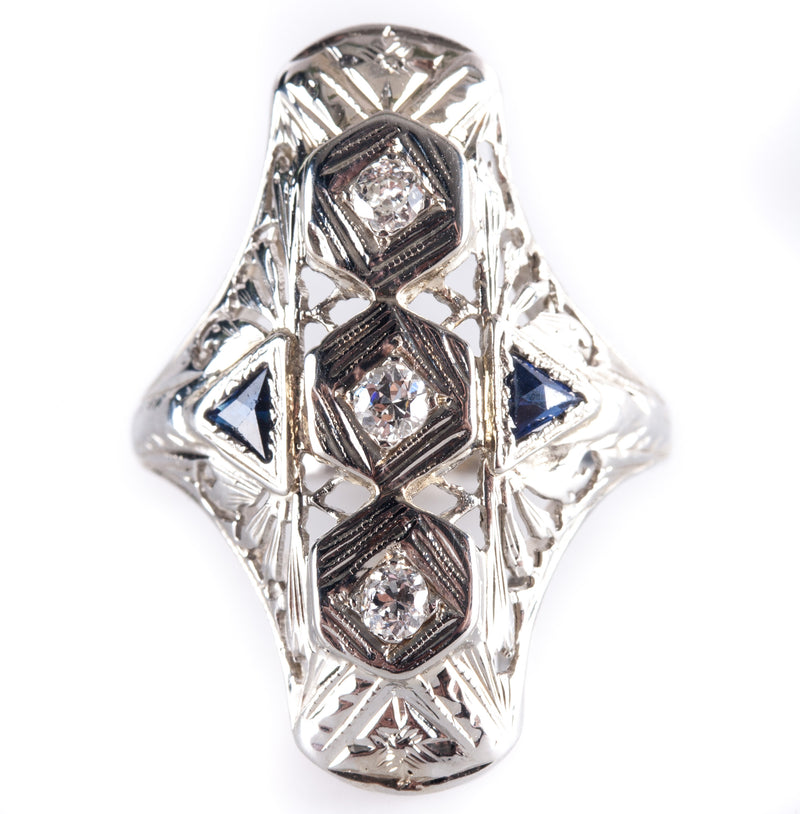 Vintage 1920's 18k White Gold Diamond Lab-Created Sapphire Filigree Ring .19ctw