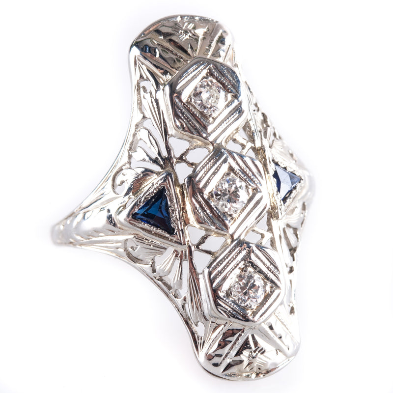 Vintage 1920's 18k White Gold Diamond Lab-Created Sapphire Filigree Ring .19ctw