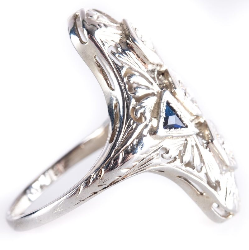 Vintage 1920's 18k White Gold Diamond Lab-Created Sapphire Filigree Ring .19ctw