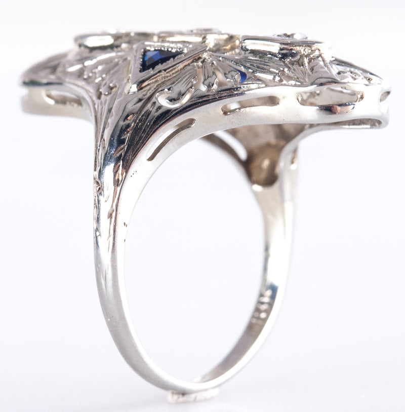 Vintage 1920's 18k White Gold Diamond Lab-Created Sapphire Filigree Ring .19ctw