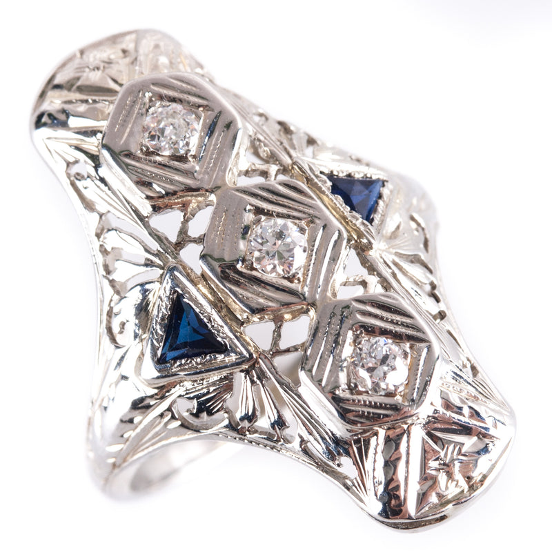 Vintage 1920's 18k White Gold Diamond Lab-Created Sapphire Filigree Ring .19ctw