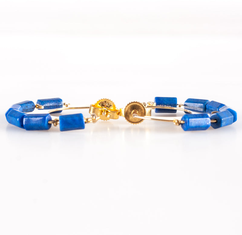 14k Yellow Gold Tube Bead Lapis Lazuli Dangle Hoop Style Earrings 4.45g