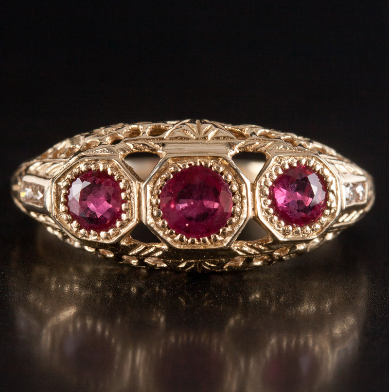 Vintage 1940's 14k Yellow Gold Round Ruby Diamond Cocktail Ring .69ctw 3.23g