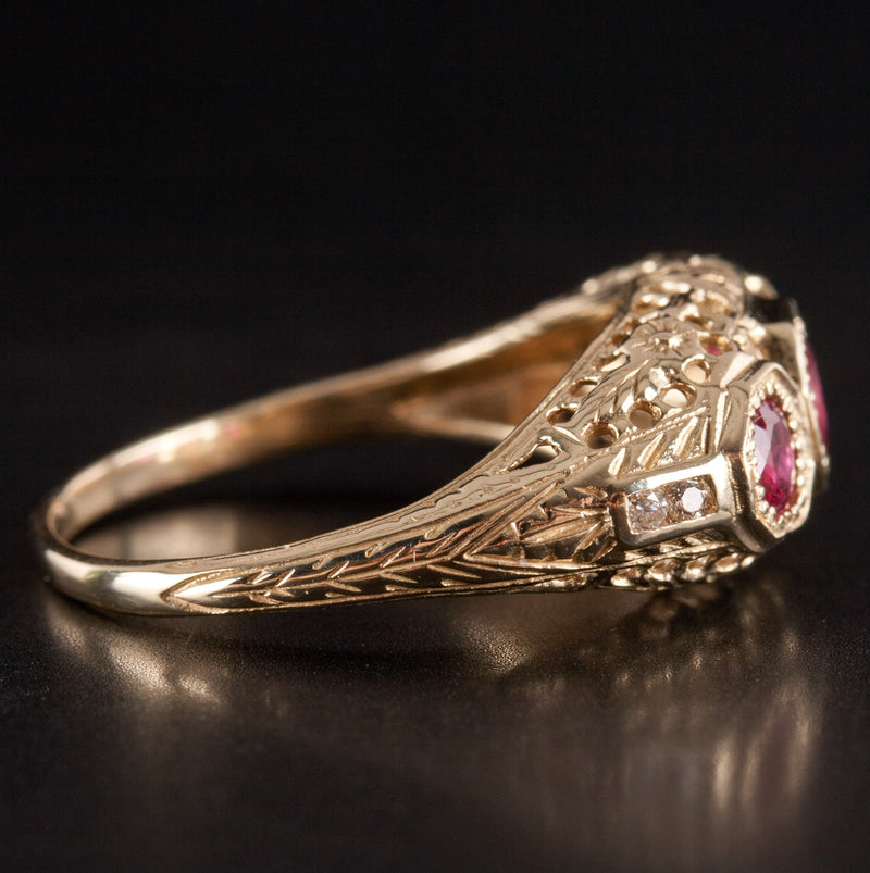 Vintage 1940's 14k Yellow Gold Round Ruby Diamond Cocktail Ring .69ctw 3.23g