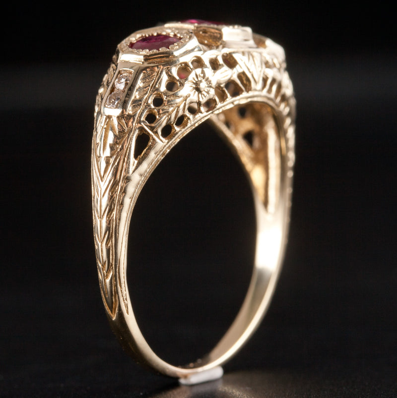 Vintage 1940's 14k Yellow Gold Round Ruby Diamond Cocktail Ring .69ctw 3.23g