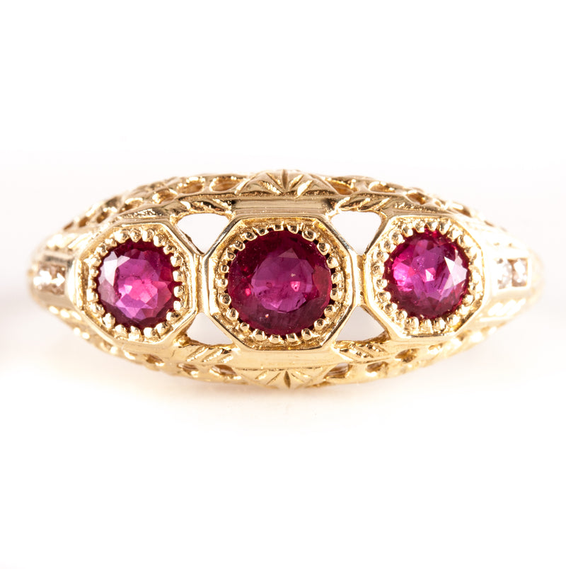 Vintage 1940's 14k Yellow Gold Round Ruby Diamond Cocktail Ring .69ctw 3.23g