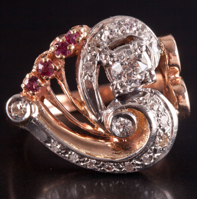 Vintage 1930's 14k Rose White Gold Diamond Ruby Heart Style Ring .555ctw 10.5g