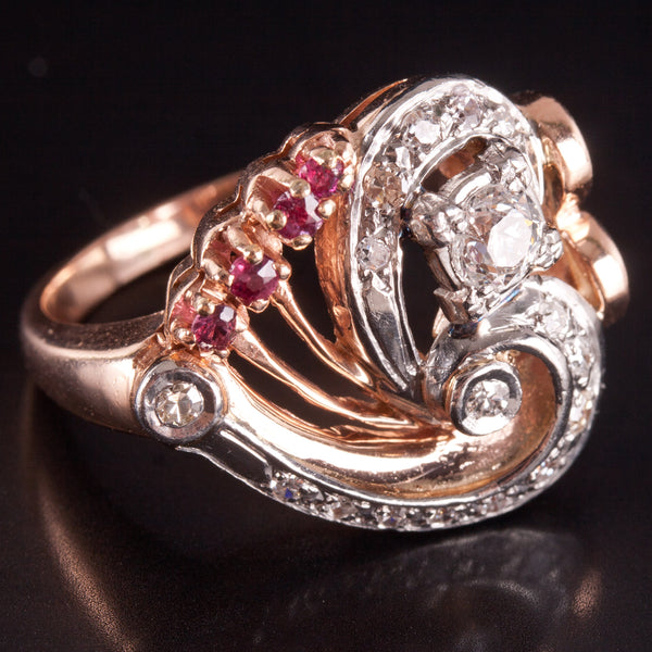 Vintage 1930's 14k Rose White Gold Diamond Ruby Heart Style Ring .555ctw 10.5g