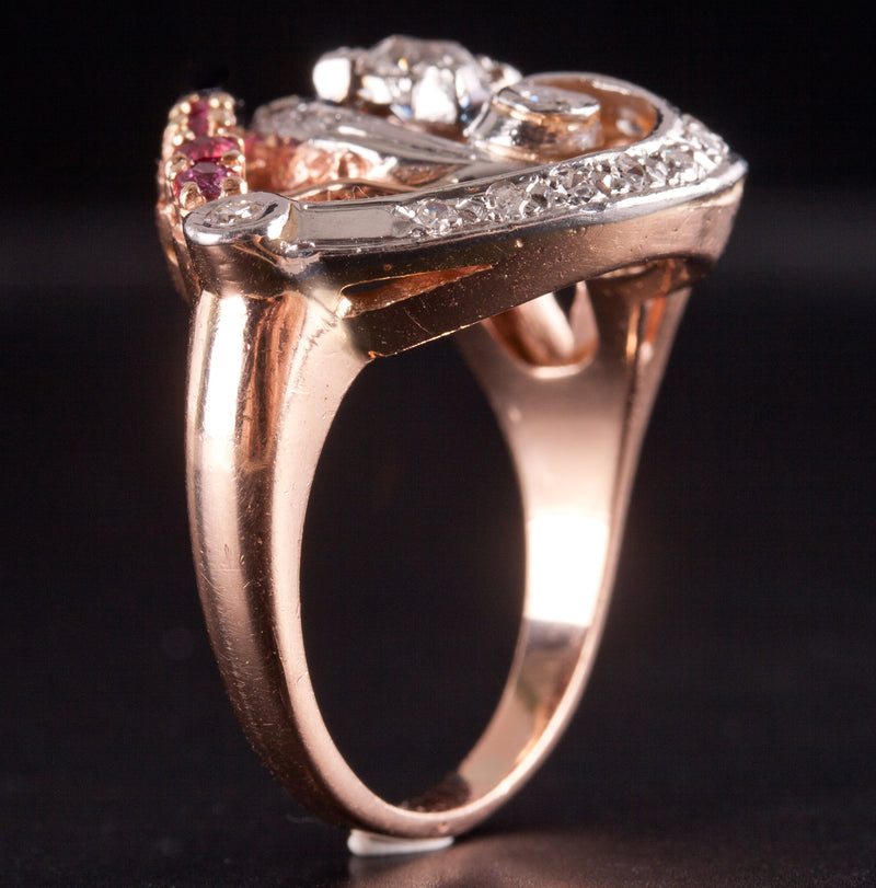 Vintage 1930's 14k Rose White Gold Diamond Ruby Heart Style Ring .555ctw 10.5g