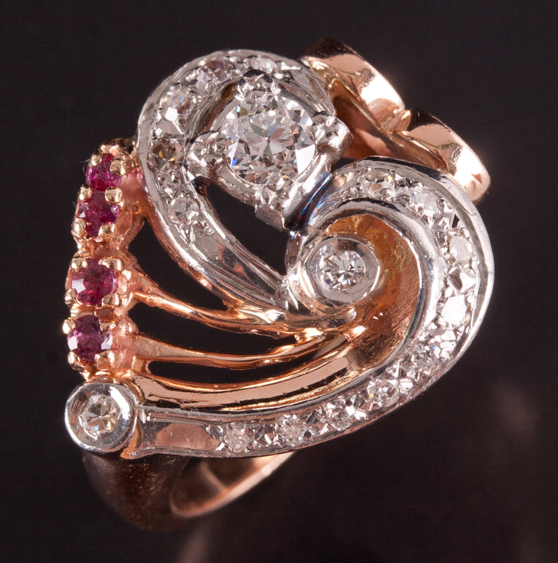 Vintage 1930's 14k Rose White Gold Diamond Ruby Heart Style Ring .555ctw 10.5g