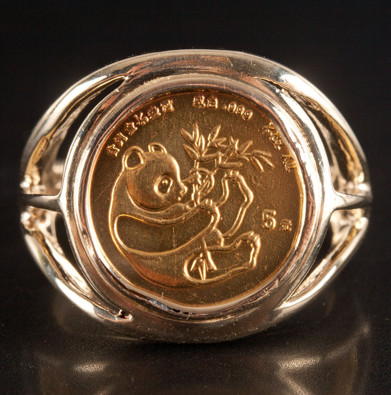 14k Yellow Gold 1984 5 Yuan 1/20th Oz Gold Panda .999% Gold Coin Ring 6.3g