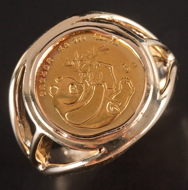 14k Yellow Gold 1984 5 Yuan 1/20th Oz Gold Panda .999% Gold Coin Ring 6.3g