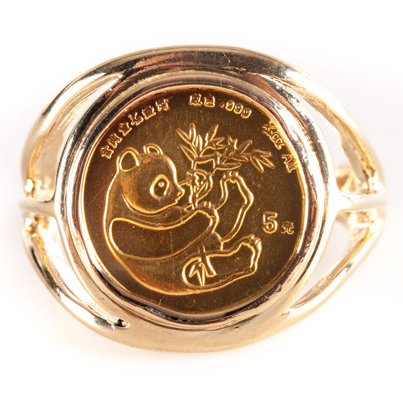 14k Yellow Gold 1984 5 Yuan 1/20th Oz Gold Panda .999% Gold Coin Ring 6.3g