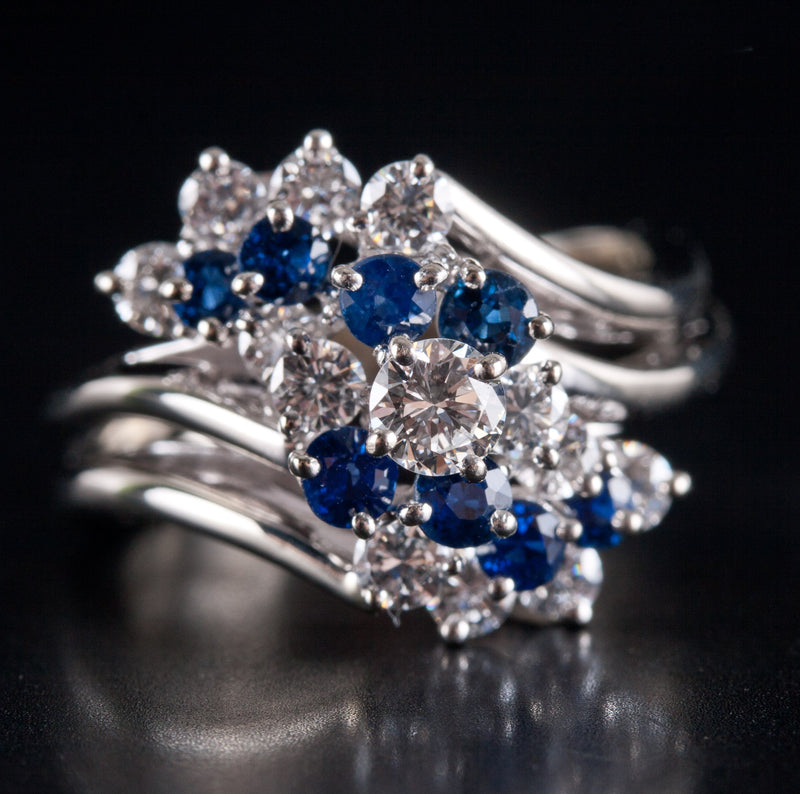 14k White Gold Round Diamond Sapphire Cluster Style Cocktail Ring 1.37ctw 6.0g