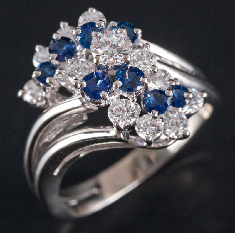 14k White Gold Round Diamond Sapphire Cluster Style Cocktail Ring 1.37ctw 6.0g