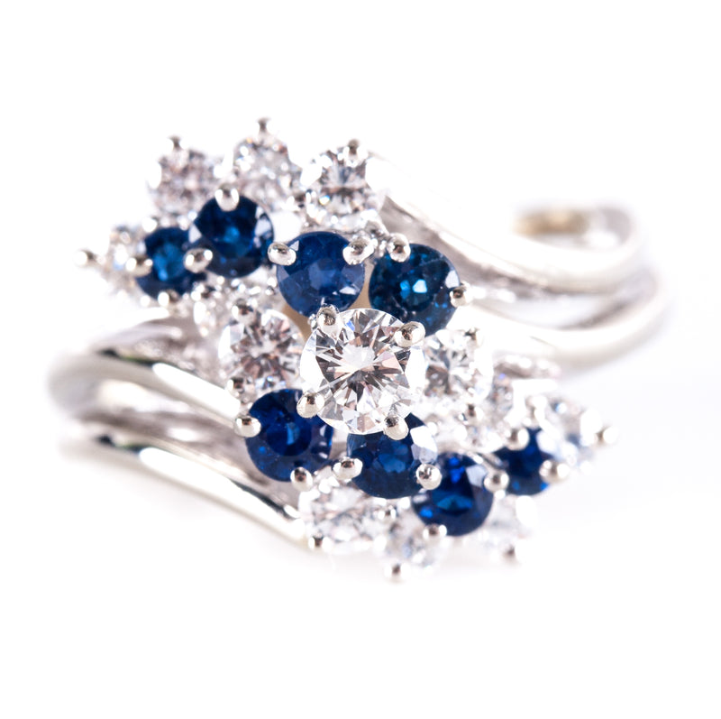 14k White Gold Round Diamond Sapphire Cluster Style Cocktail Ring 1.37ctw 6.0g